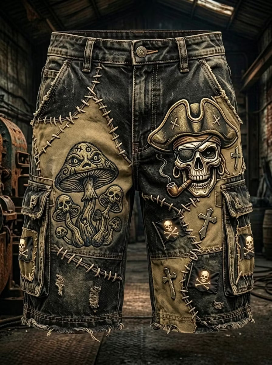 Men's Psychedelic Mushroom Pirate Skull Dark Art Print Cargo Shorts